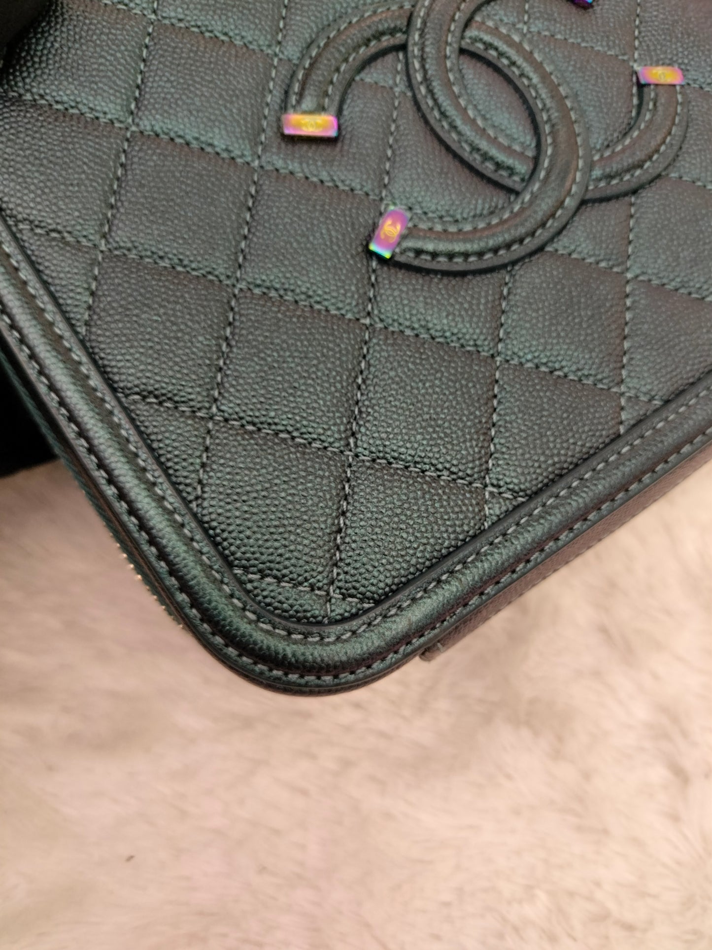 Chanel Filigree Vanity Case Medium Caviar Iridescent Rainbow Dark Turquoise #26