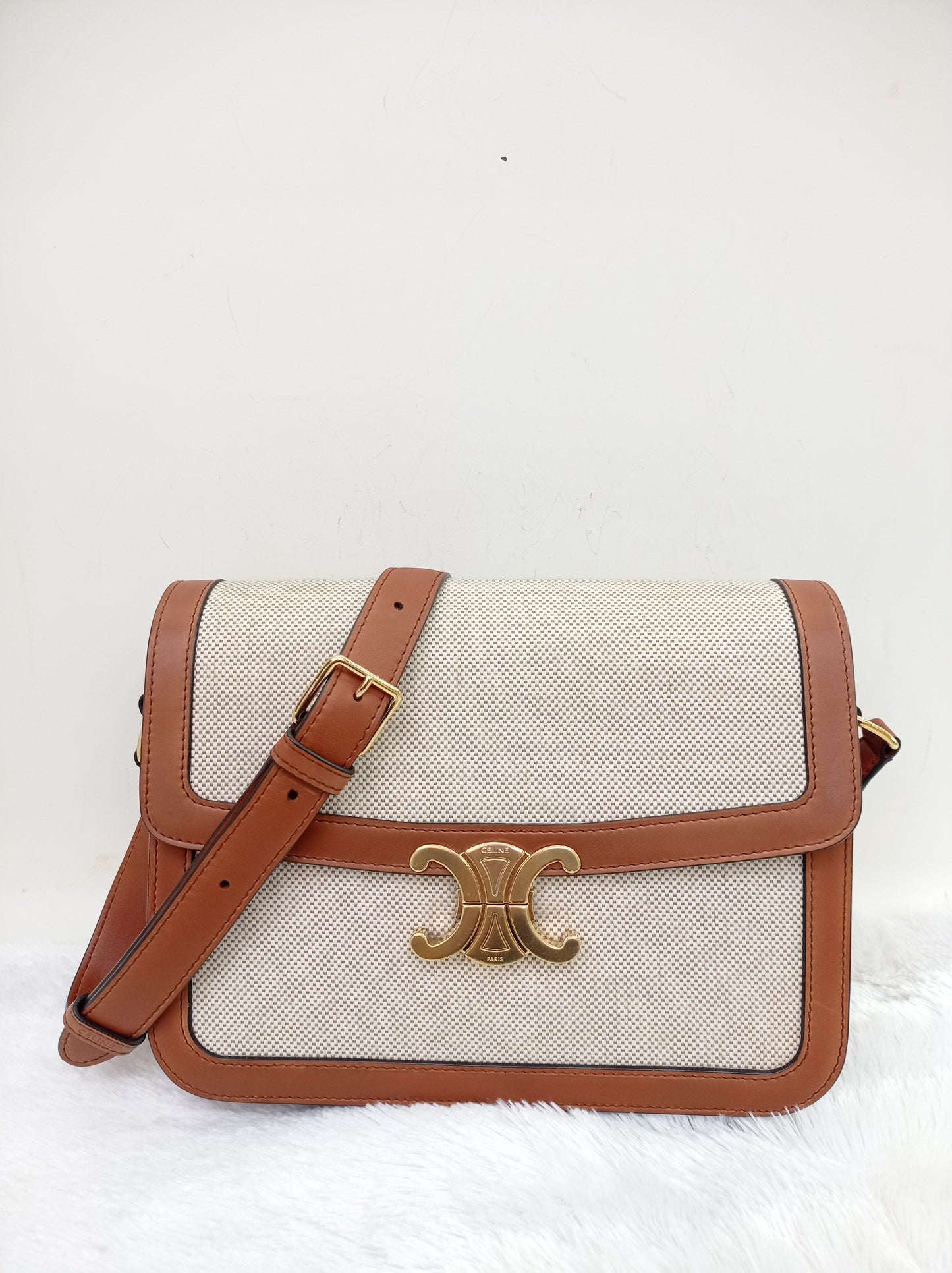 Celine Triomphe Canvas White Tan GHW 2019