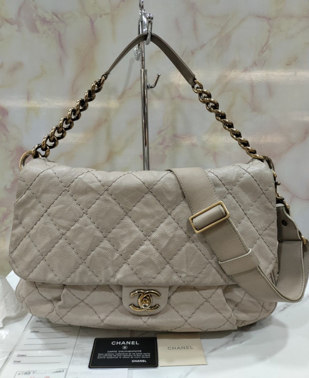 Chanel Coco Pleats Flap Messenger Caviar Beige #17 Size 50x35x7cm