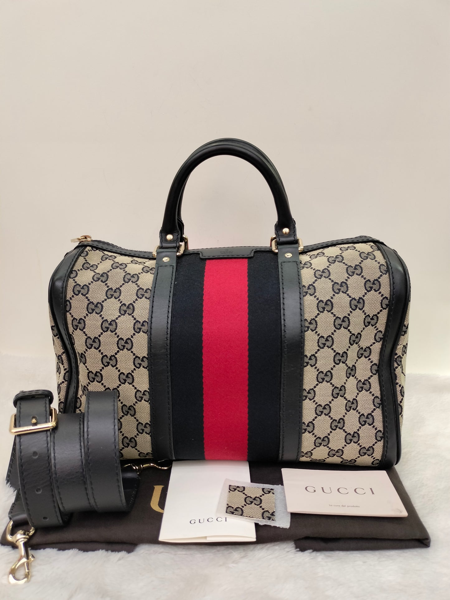 Gucci Boston Canvas Stripe Dark Blue GHW