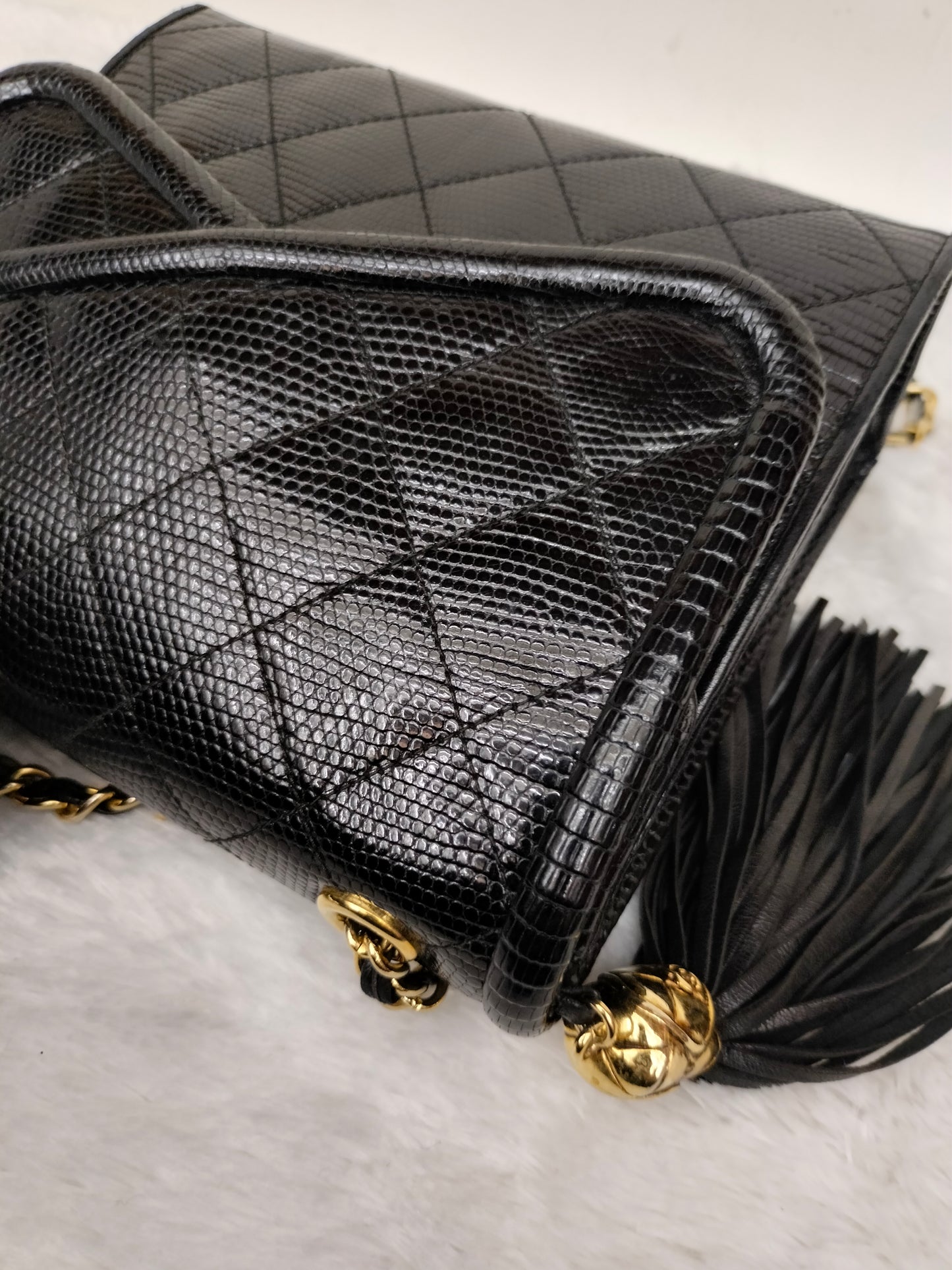 Chanel Shoulder Double Flap Tassel Lizard Black GHW #1