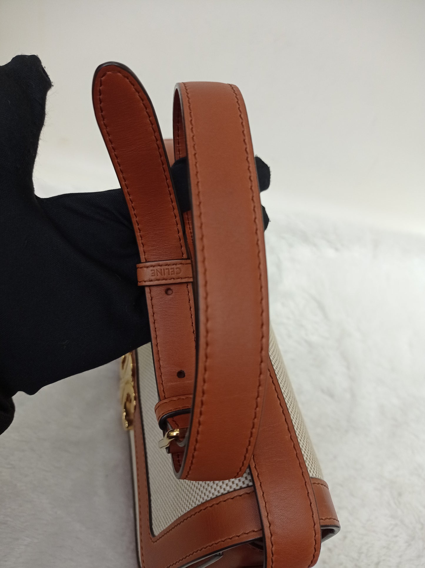 Celine Triomphe Canvas White Tan GHW 2019