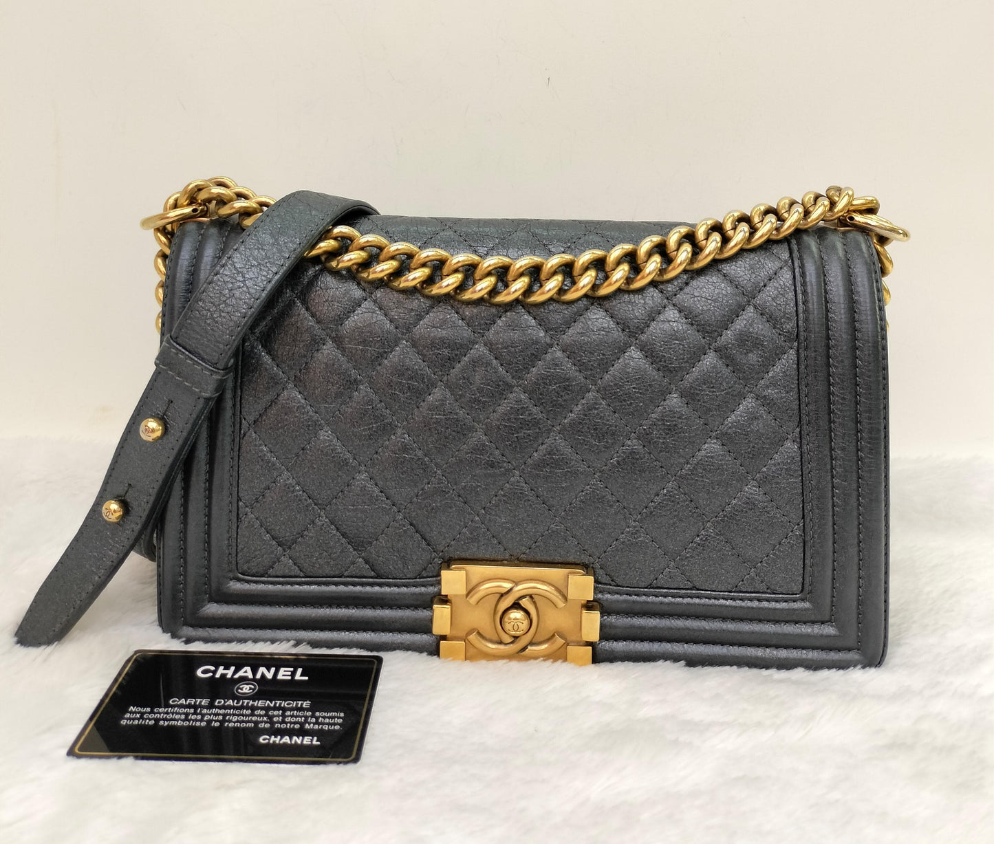 Chanel Boy 25 Calfskin Metallic Dark Grey RGHW #20