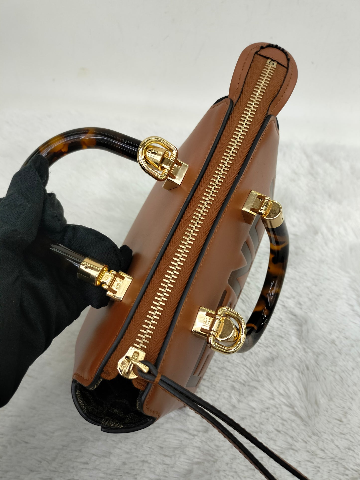 Fendi BTW Mini Embossed Logo Brown Handle Tortois GHW
