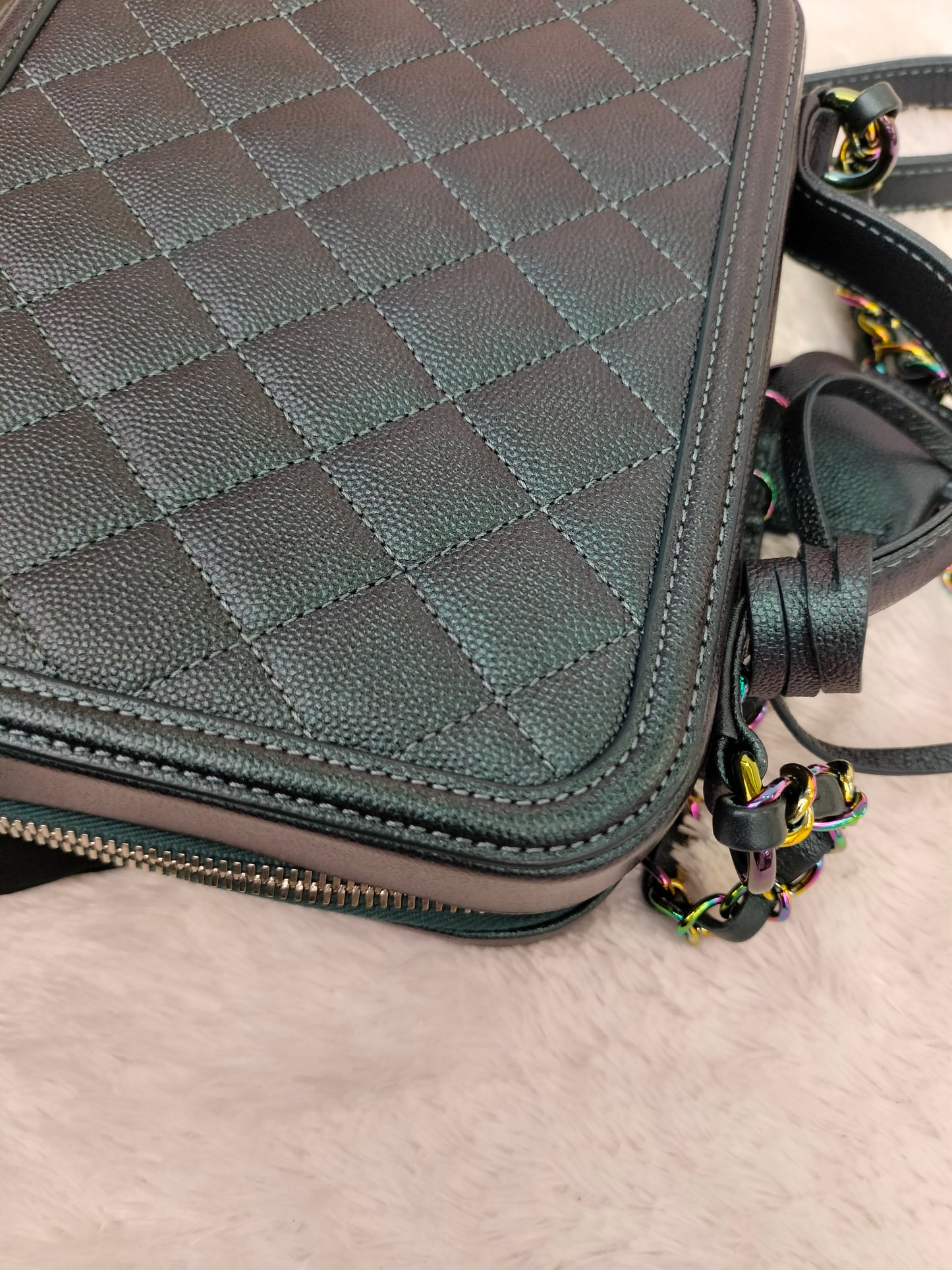 Chanel Filigree Vanity Case Medium Caviar Iridescent Rainbow Dark Turquoise #26