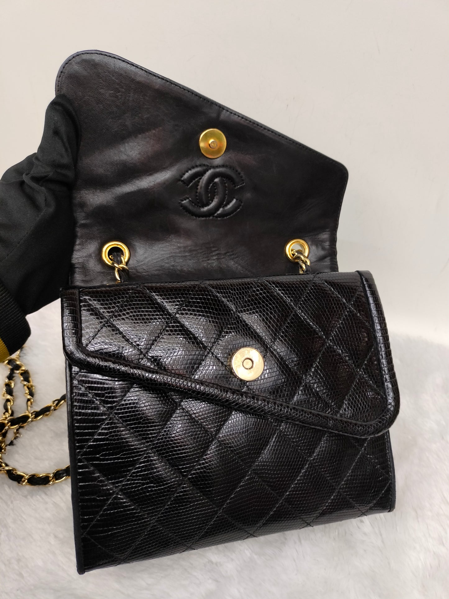 Chanel Shoulder Double Flap Tassel Lizard Black GHW #1