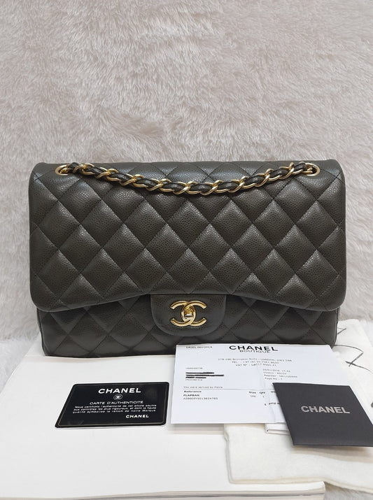 Chanel Jumbo Caviar Olive GHW DF #21.      Size 30x19,5x10cm