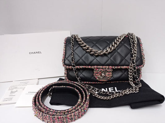 Chanel Mini Black Lamb Tweed SHW #28  Size 20x13x7cm