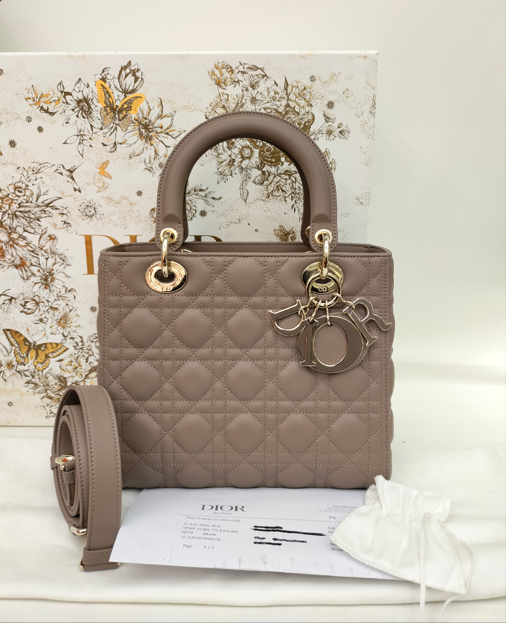 *NBU* Lady Dior Medium Lamb Taupe Enamel Charm GHW