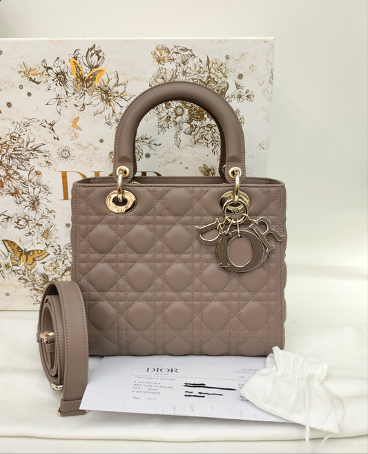 *NBU* Lady Dior Medium Lamb Taupe Enamel Charm GHW