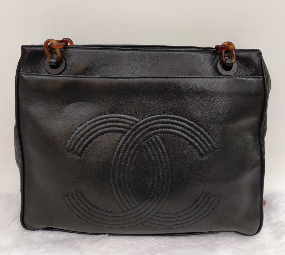 Chanel Tote Vintage Lamb Black Tortoise Chain #3