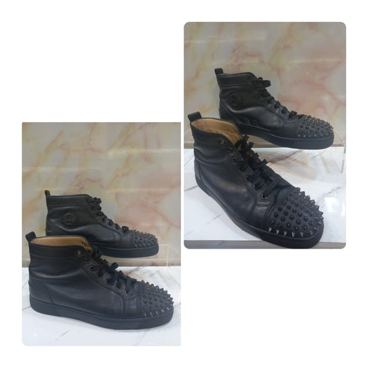 Louboutin Sneakers Lou Spikes Flat Calf Grained Stud Black Size 43