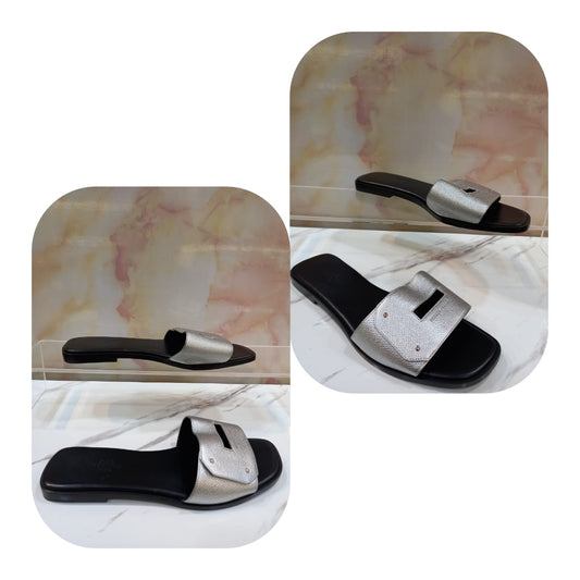 *NEW* Hermes Flat Slides Sandals Silver Black Size 38½