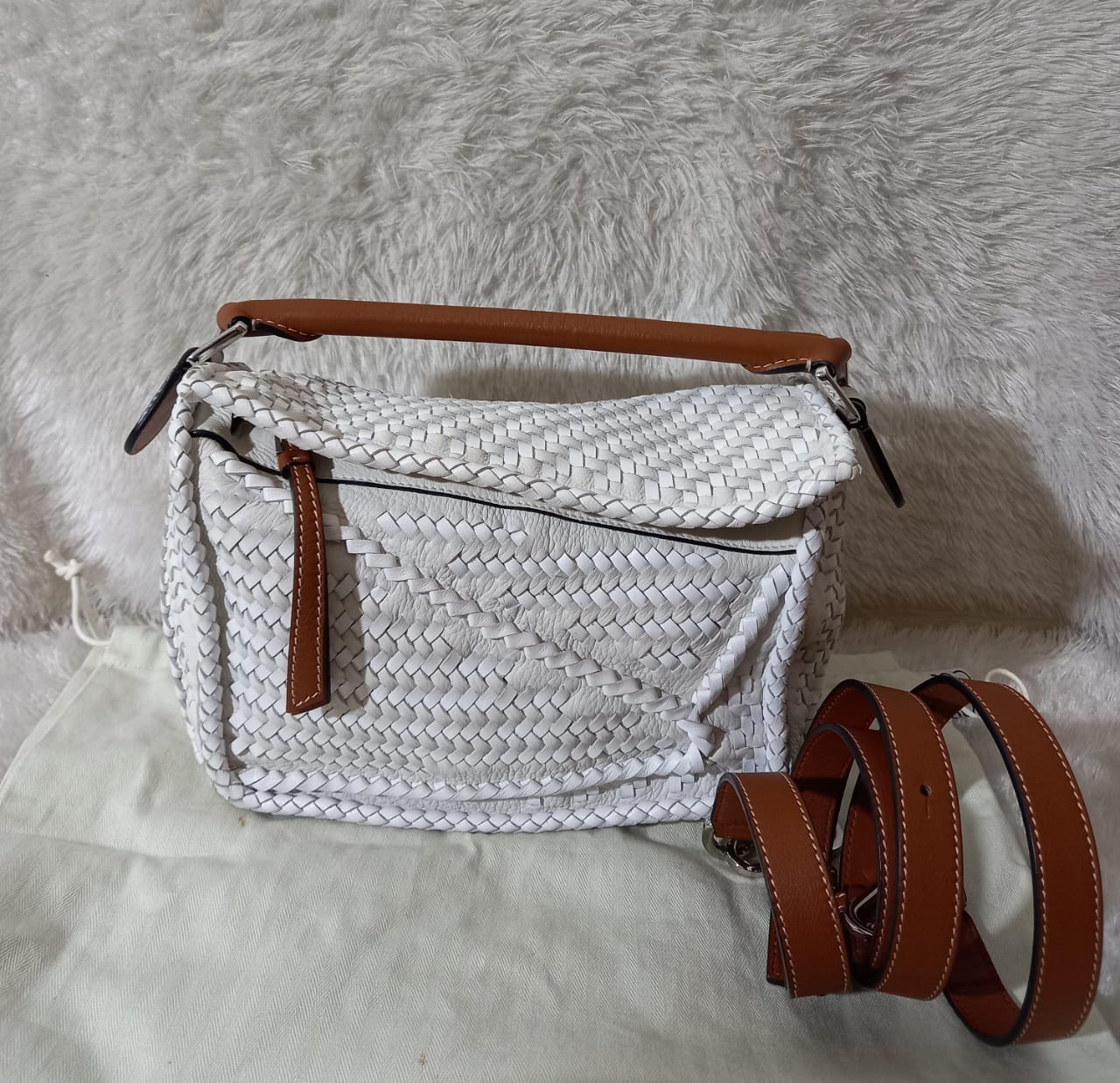 Loewe Puzzle Small Woven White Brown SHW 2019