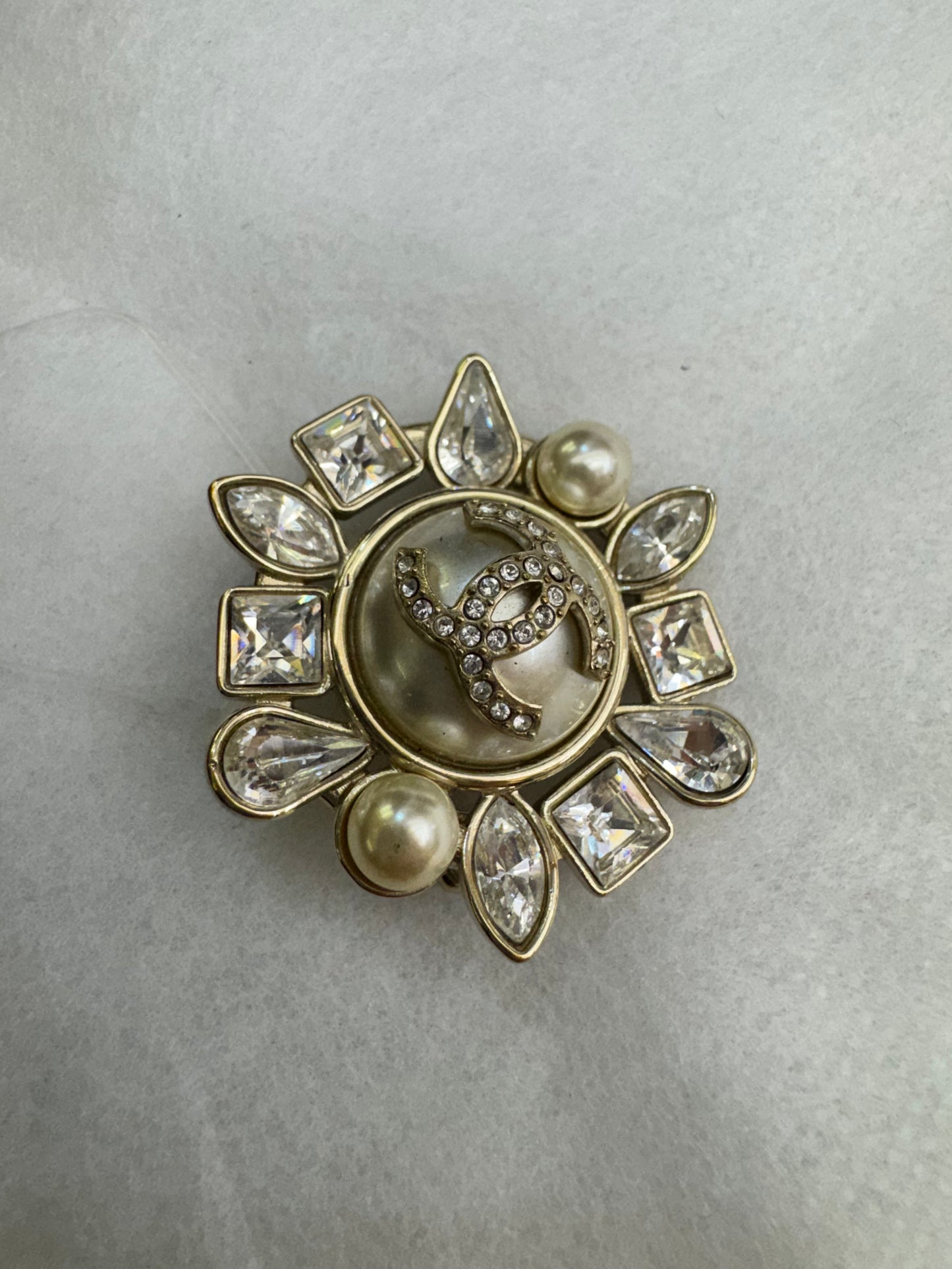 Chanel Brooch CC Logo Faux Pearl Crystal LGHW