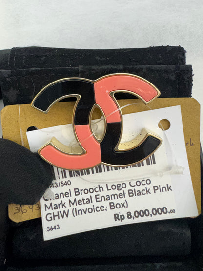 Chanel Brooch Logo Coco Mark Metal Enamel Black Pink GHW (Invoice, Box)