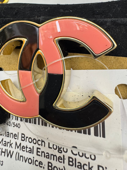 Chanel Brooch Logo Coco Mark Metal Enamel Black Pink GHW (Invoice, Box)
