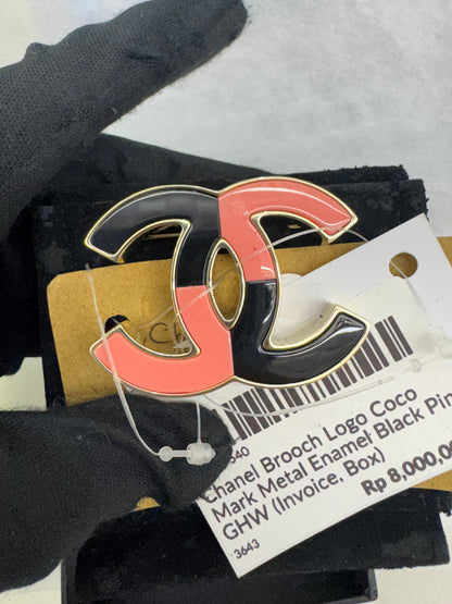 Chanel Brooch Logo Coco Mark Metal Enamel Black Pink GHW (Invoice, Box)