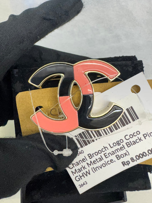 Chanel Brooch Logo Coco Mark Metal Enamel Black Pink GHW (Invoice, Box)