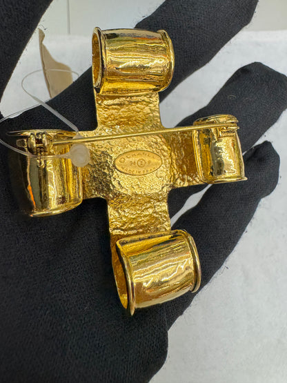 Chanel Brooch Coco Mark Ribbon Cross Gold GHW (Nota Pembelian)