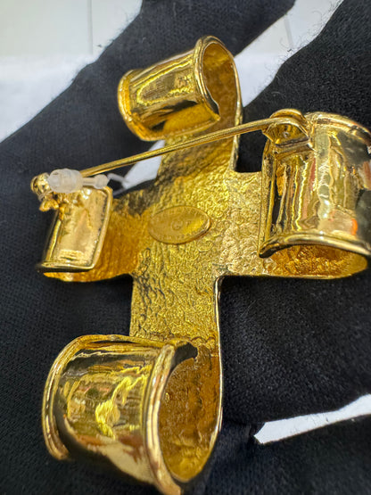 Chanel Brooch Coco Mark Ribbon Cross Gold GHW (Nota Pembelian)