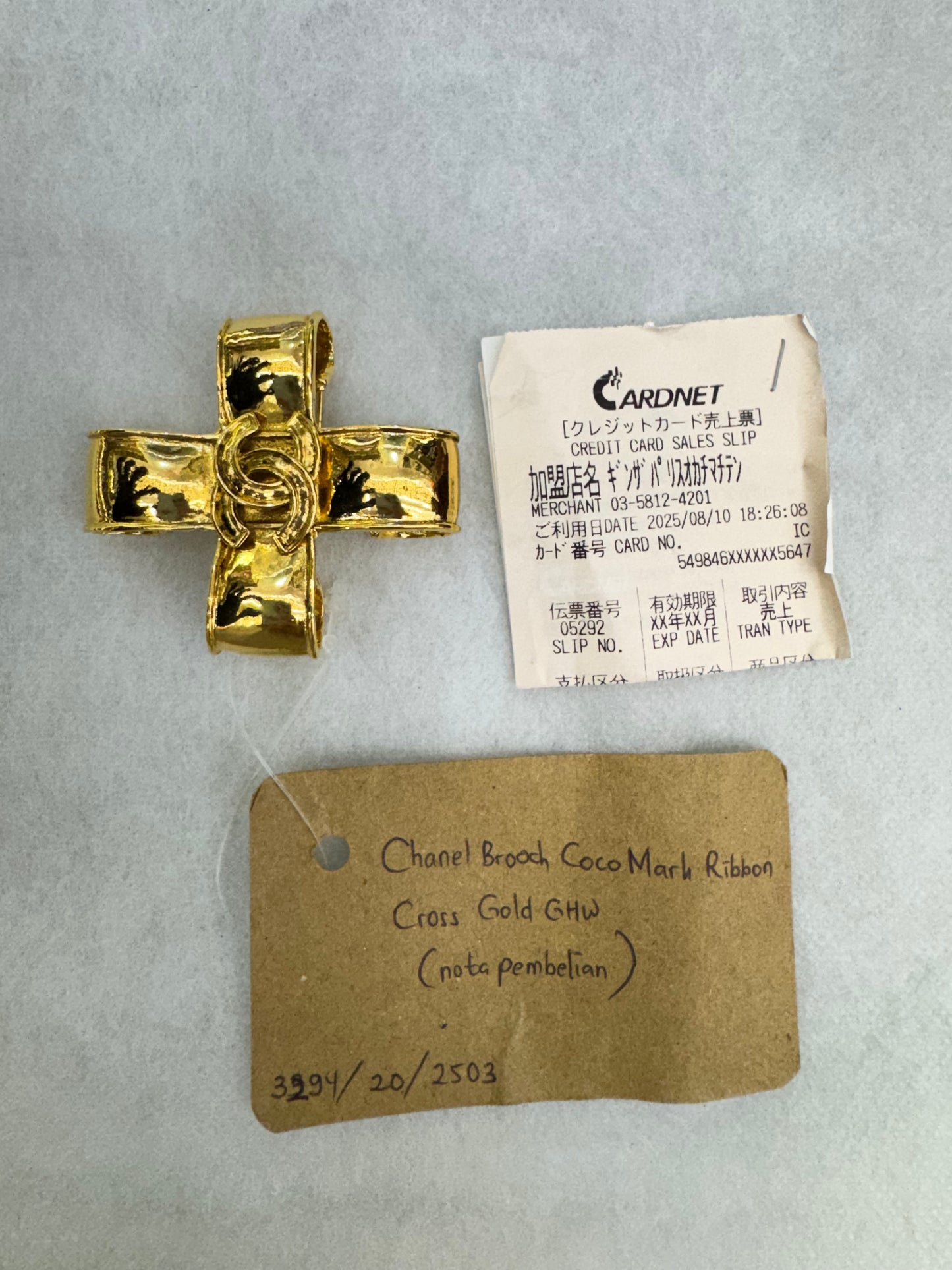 Chanel Brooch Coco Mark Ribbon Cross Gold GHW (Nota Pembelian)