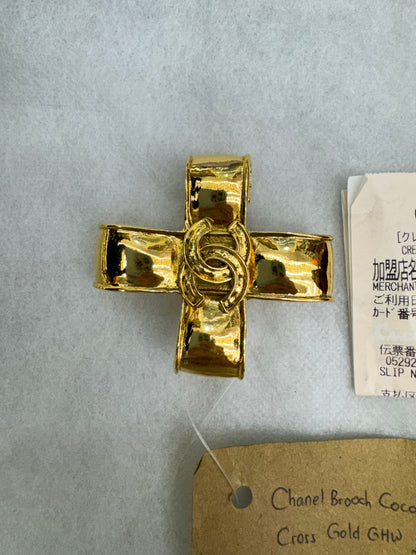 Chanel Brooch Coco Mark Ribbon Cross Gold GHW (Nota Pembelian)