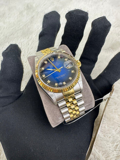 Rolex Oyster Perpetual Datejust 36 mm Two Tone Blue Vignette Diamond Dial (Box)