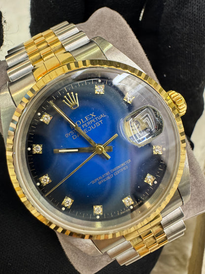 Rolex Oyster Perpetual Datejust 36 mm Two Tone Blue Vignette Diamond Dial (Box)
