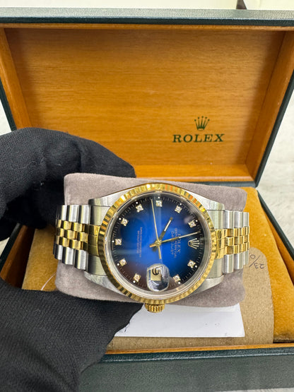 Rolex Oyster Perpetual Datejust 36 mm Two Tone Blue Vignette Diamond Dial (Box)