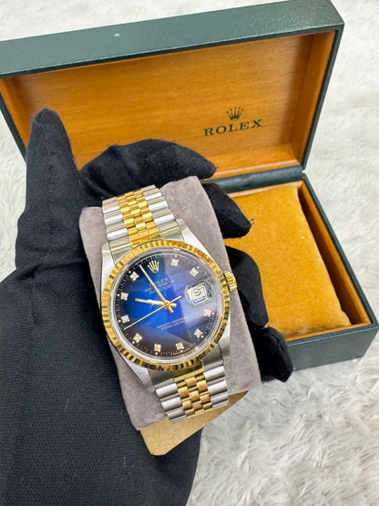 Rolex Oyster Perpetual Datejust 36 mm Two Tone Blue Vignette Diamond Dial (Box)