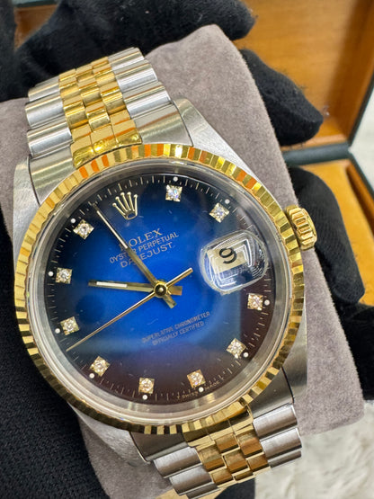 Rolex Oyster Perpetual Datejust 36 mm Two Tone Blue Vignette Diamond Dial (Box)
