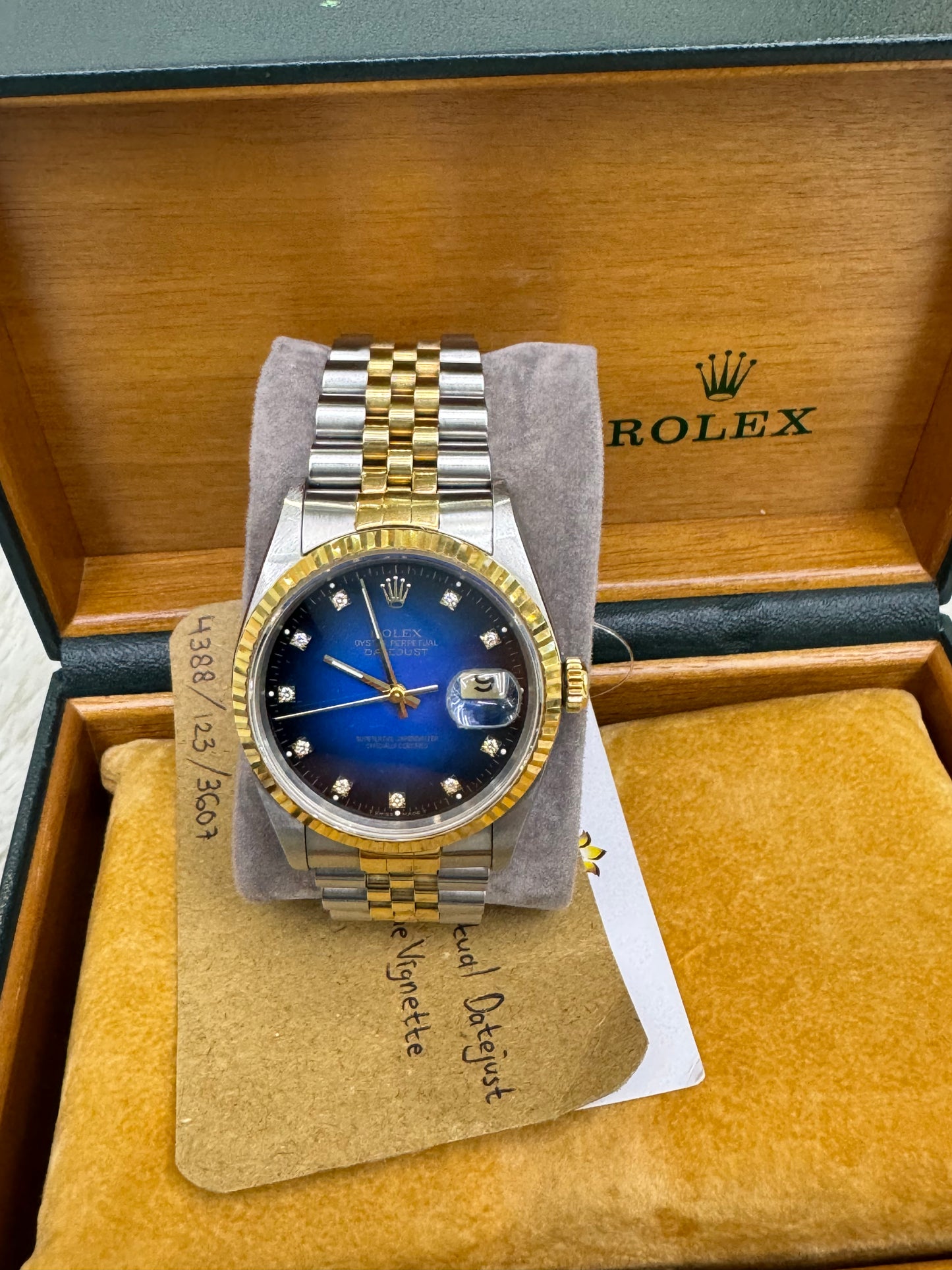Rolex Oyster Perpetual Datejust 36 mm Two Tone Blue Vignette Diamond Dial (Box)