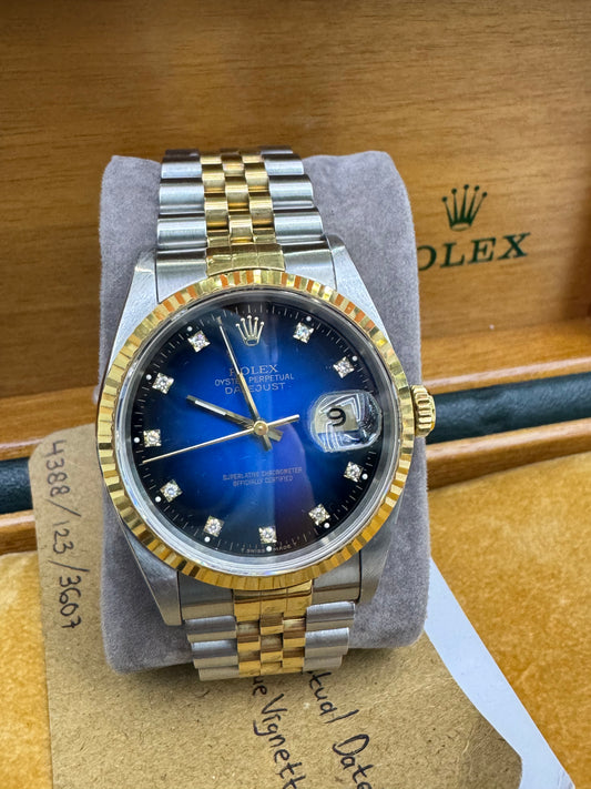 Rolex Oyster Perpetual Datejust 36 mm Two Tone Blue Vignette Diamond Dial (Box)