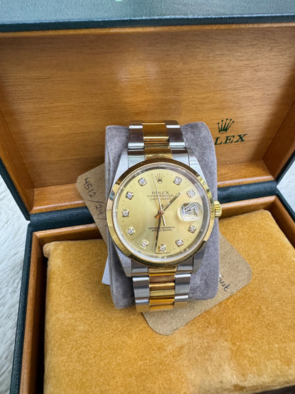 Rolex Oyster Perpetual Datejust 36mm Champagne Diamond Dial Gold Steel 2003 (Certificate, Sambungan rante, Booklet, Box)