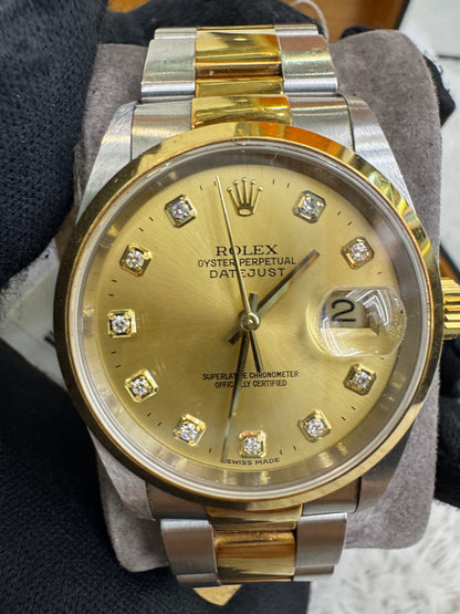 Rolex Oyster Perpetual Datejust 36mm Champagne Diamond Dial Gold Steel 2003 (Certificate, Sambungan rante, Booklet, Box)