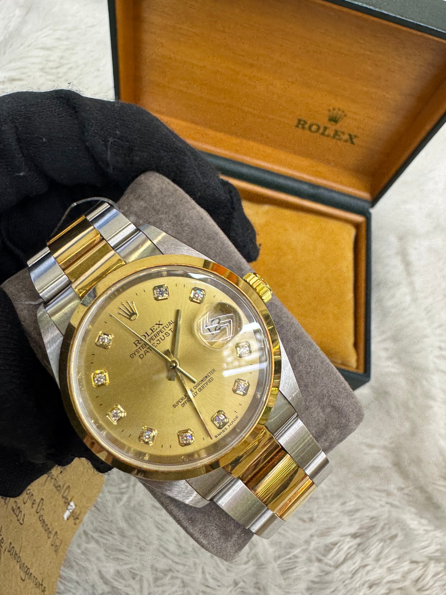 Rolex Oyster Perpetual Datejust 36mm Champagne Diamond Dial Gold Steel 2003 (Certificate, Sambungan rante, Booklet, Box)