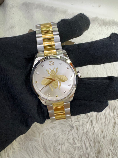 New Gucci G-Timeless Bee Quartz Watch Two Tone 38mm Stainless Steel (Spons, Certificate, DB)