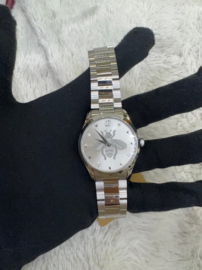 New Gucci G-Timeless Bee Quart Watch 38mm Stainless Steel Silver (Spons, Certificate Authentic, DB)