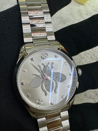 New Gucci G-Timeless Bee Quart Watch 38mm Stainless Steel Silver (Spons, Certificate Authentic, DB)