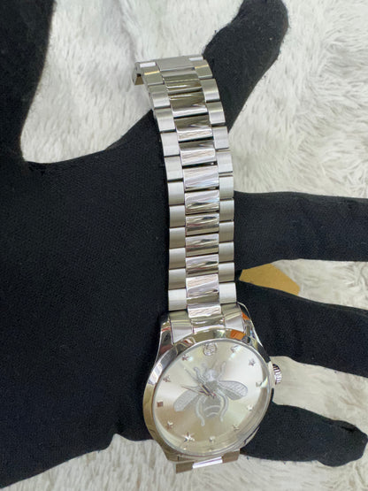 New Gucci G-Timeless Bee Quart Watch 38mm Stainless Steel Silver (Spons, Certificate Authentic, DB)