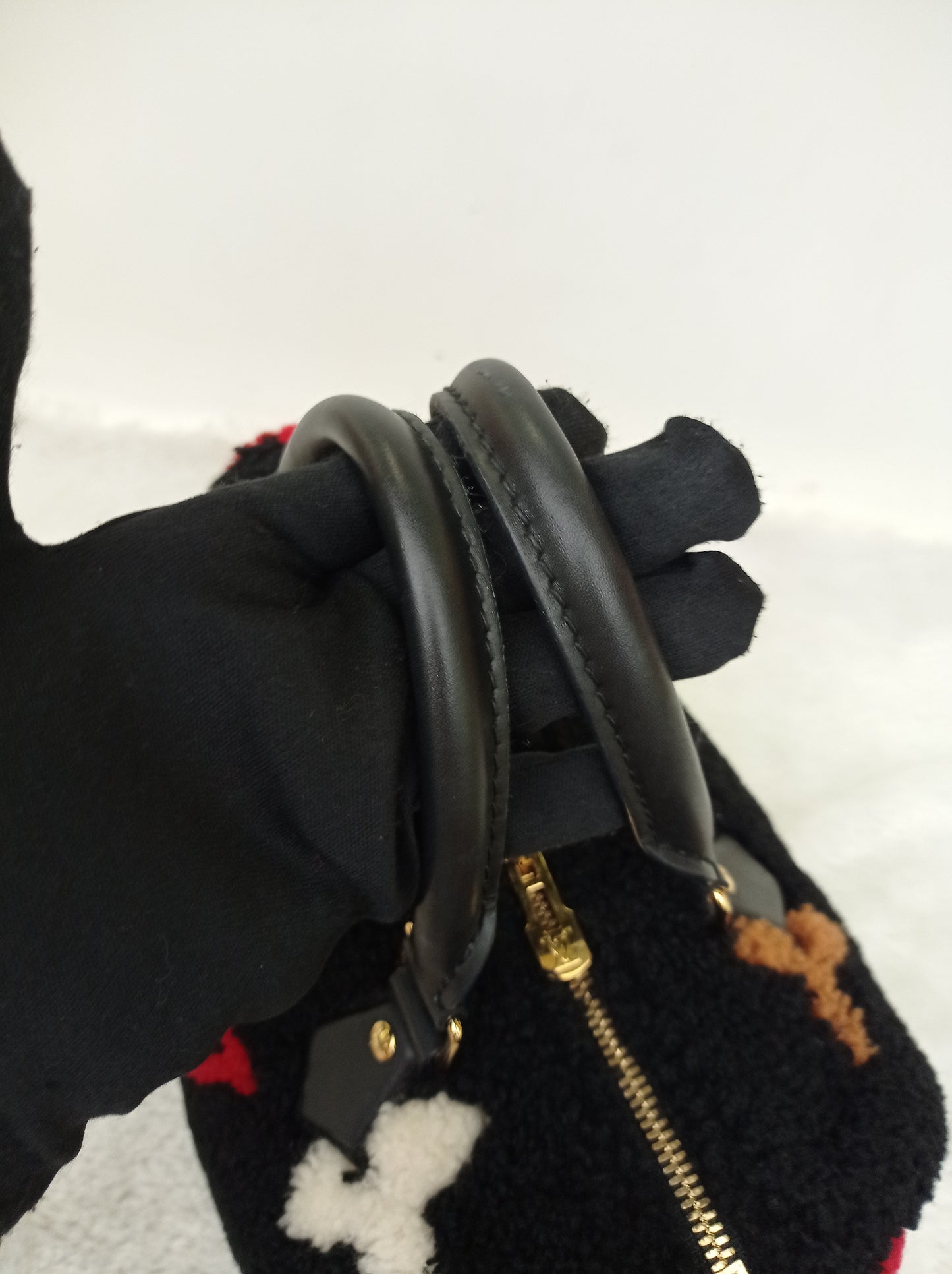 LV Bandou 25 Monogram Giant Fleece Teddy Shearling Black Red 2019