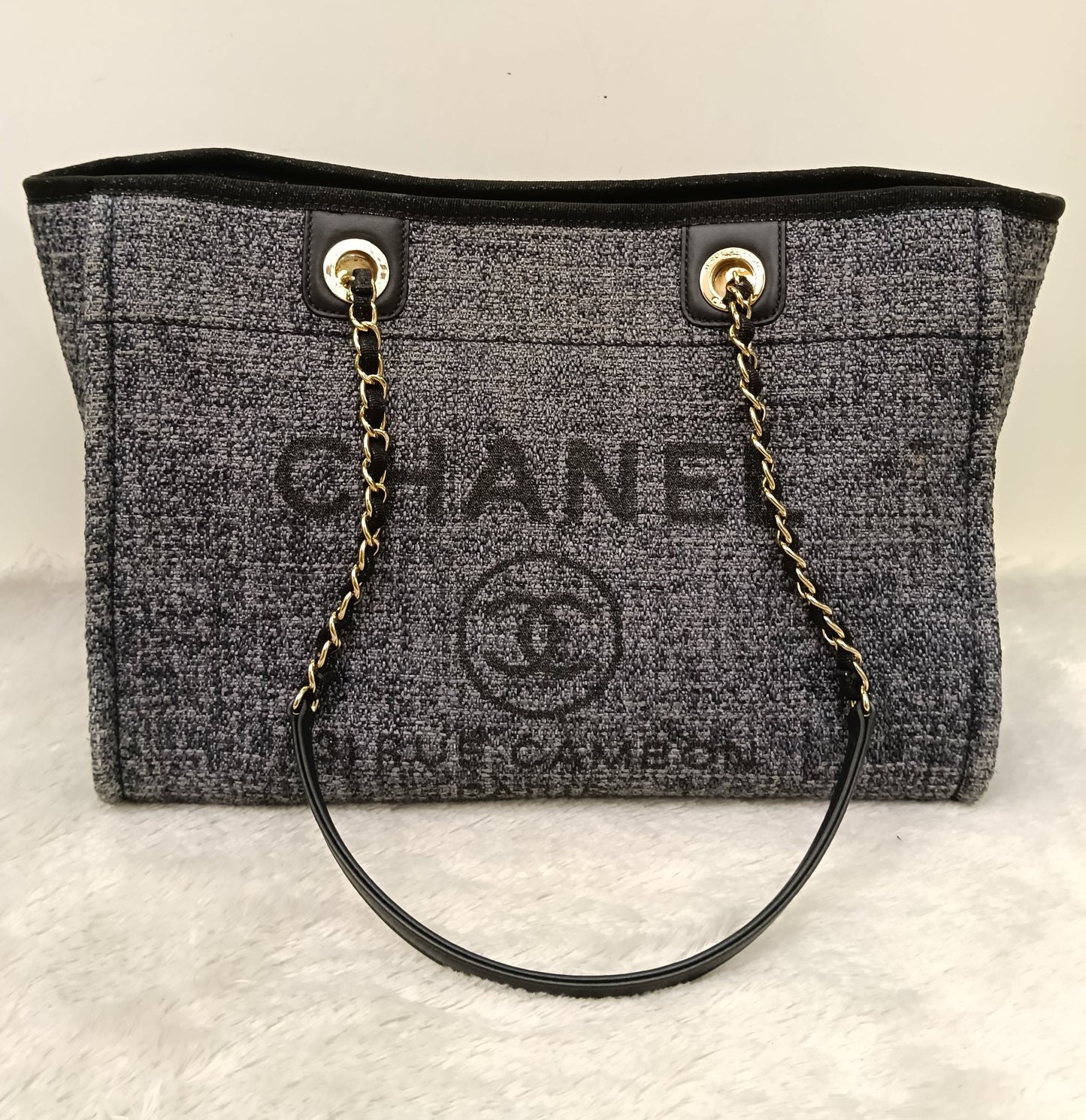 Chanel Deauville Small Tweed Black Navy LGHW (CHIP)