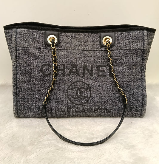 Chanel Deauville Small Tweed Black Navy LGHW (CHIP)