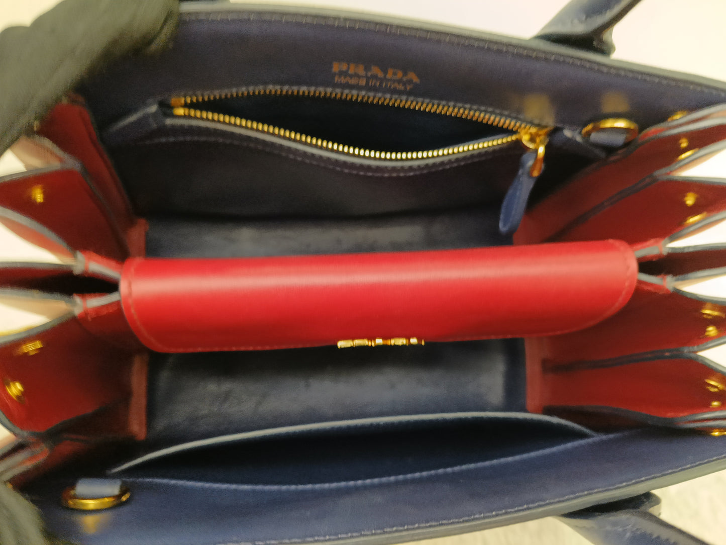 Prada Saffiano Bibliotheque 2 Way Tote Bluette Red GHW