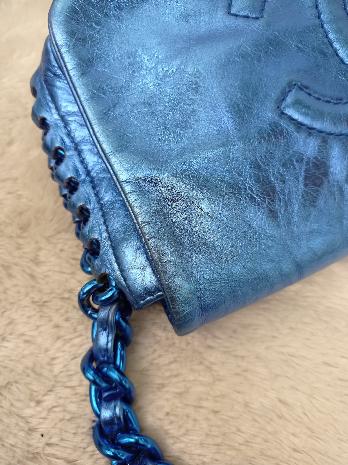 Chanel Modern Chain Flap Cracked Calfskin Metallic Blue #12