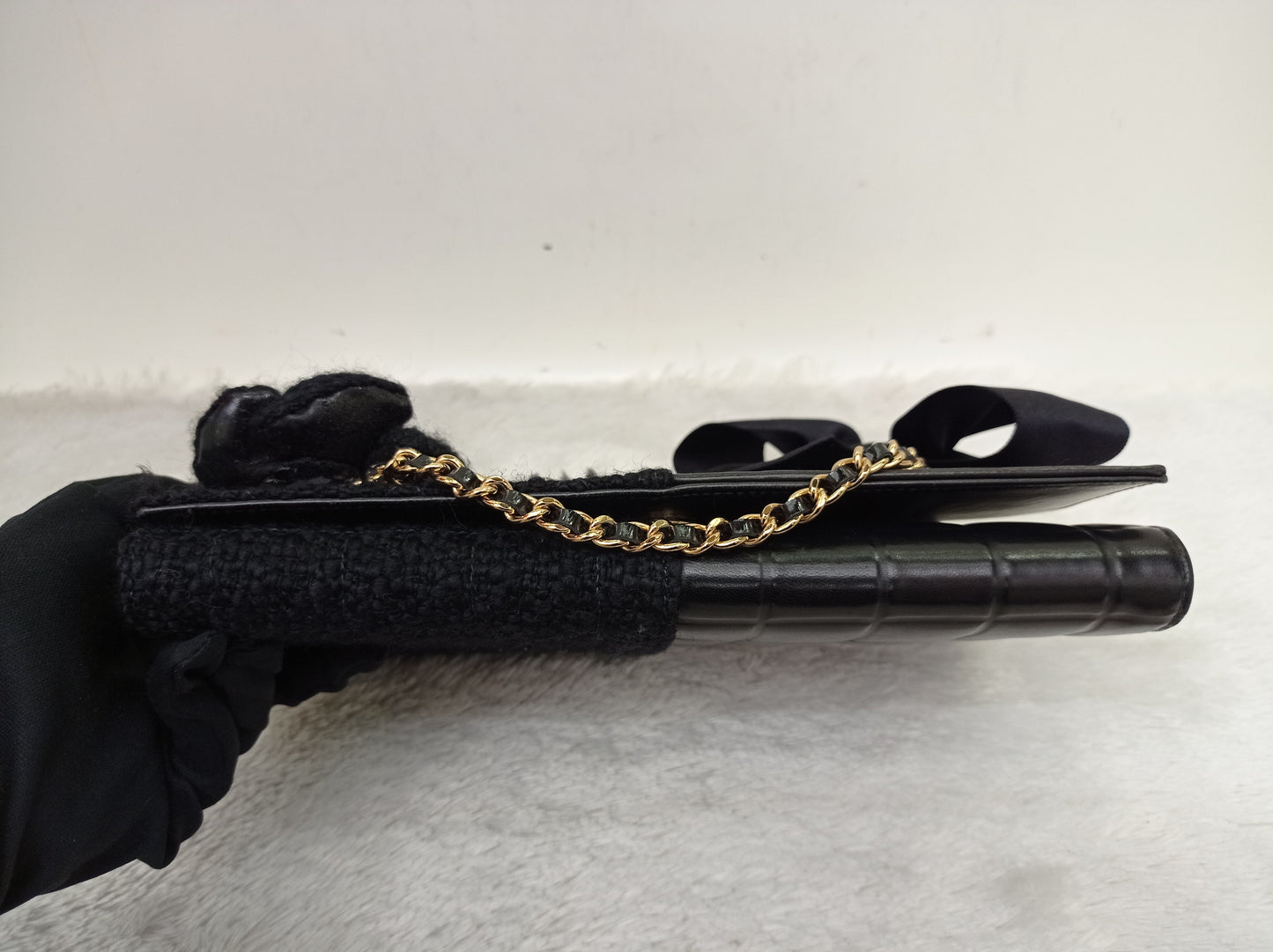 Chanel Clutch Tweed Leather Lamb Chocolate Bar Camelia Black GHW #7