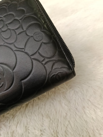 Chanel Zip Around Organizer Wallet Camellia Embossed Black Silver SHW #16