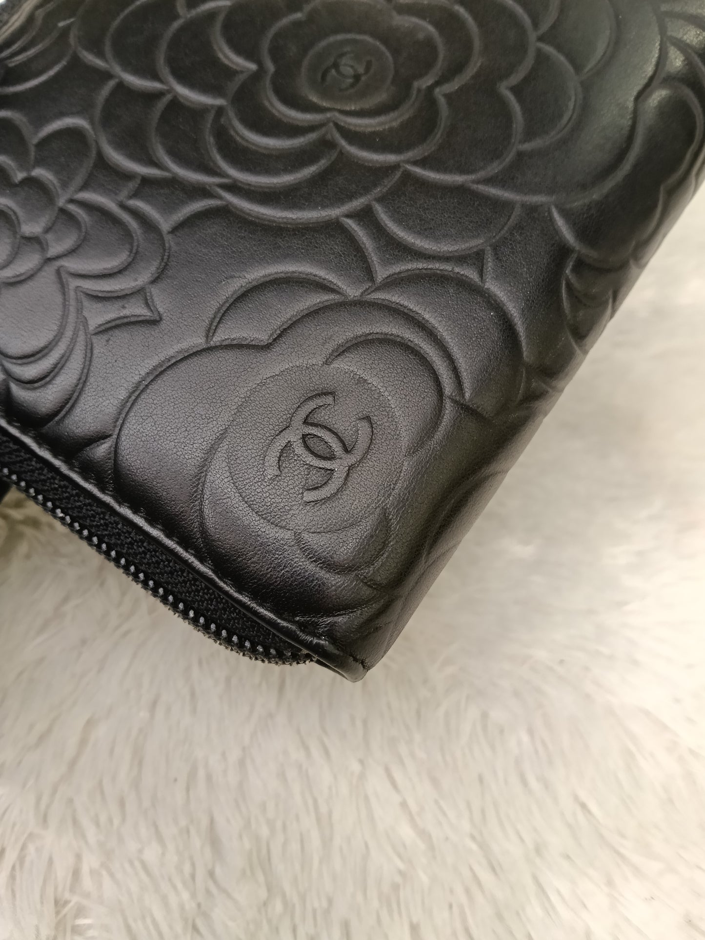 Chanel Zip Around Organizer Wallet Camellia Embossed Black Silver SHW #16