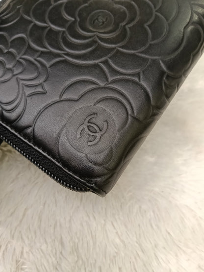 Chanel Zip Around Organizer Wallet Camellia Embossed Black Silver SHW #16